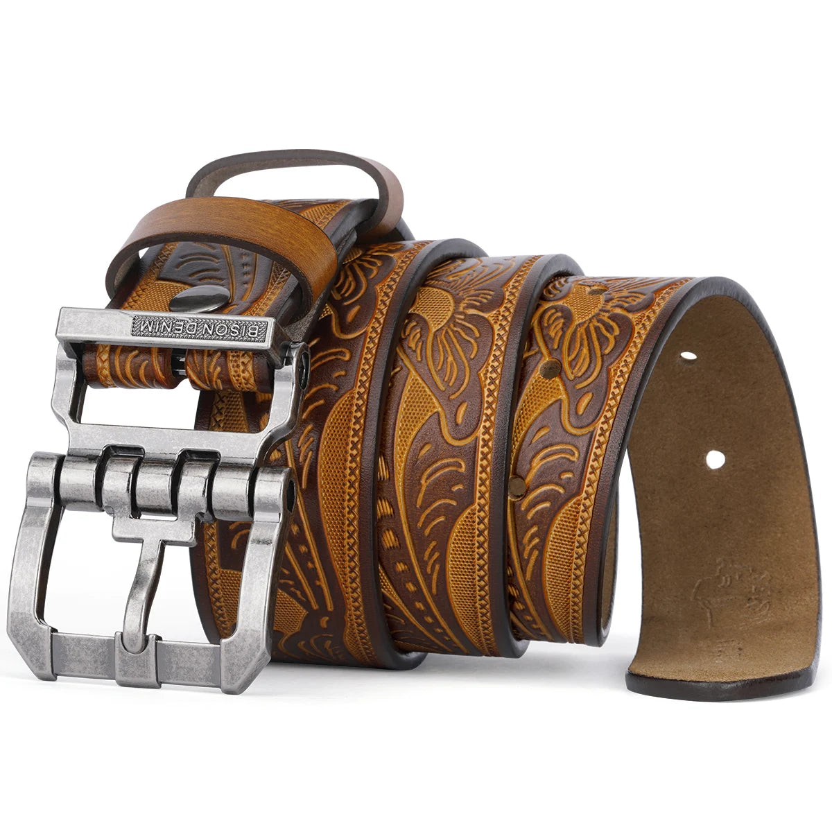 BISON DENIM Men Belts Cow Split Genuine Leather Pin Buckle Business Waist Straps Vintage Pin Buckle Fancy Male Belt For Jeans - Kimlud