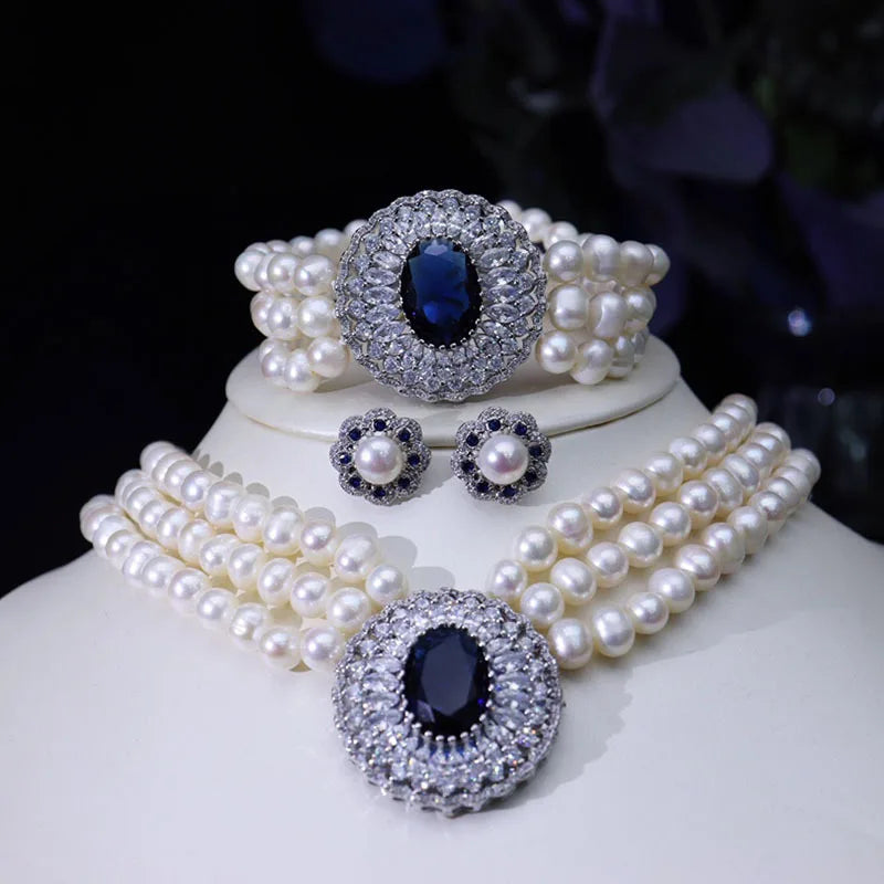 Natural freshwater pearl necklace set High-end luxury Czech rhinestone necklace women's wedding party jewelry accessories