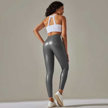 Women's New Elastic Bright PU Patchwork Leather Pants Colorful High Waist Tight Fit Hip Up Outwear Sexy Stretch Yoga Leggings