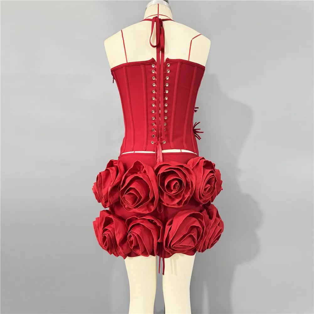 2025 New Arrival Fashion Flowers Women Sexy Halter Tops Mini Skirt Bandage Sets Bodycon Two Pieces Sets | Kimlud Premium...