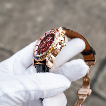 OBLVLO Men's Classic Watch with Colorful Diamonds Bezel Red Dial Mechanical Automatic Moonphase Multifunction Leather Strap GCM-MUT