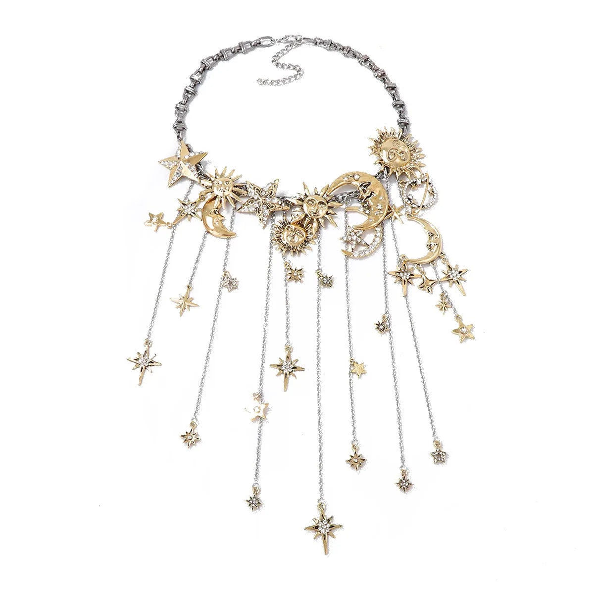 Retro Exaggerated Alloy Stars Moon Tassels Waterfall Necklaces For Women Y2k Hiphop Punk Clavicle Chain Party Jewelry Gifts
