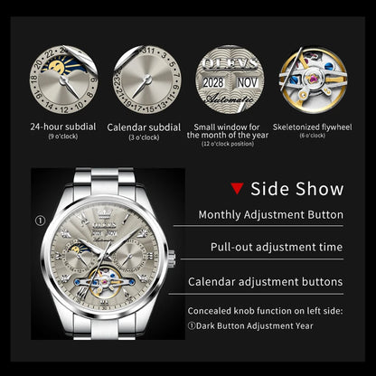 OLEVS Men's Watches Tourbillon Style Trend Fashion Original Automatic Mechanical Wristwatch Waterpoorf Luminous Moon Phase Clock