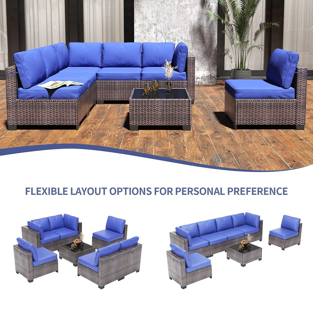 7-Piece PE Rattan Sectional Patio Set, Wicker Outdoor Sofa With Cushions & Glass Coffee Table, Conversation Furniture For Garden - Kimlud