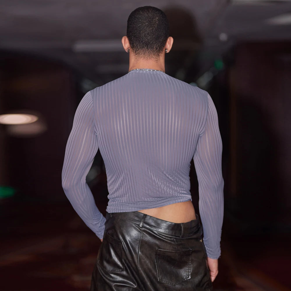 Sex Men Oil Glossy Shiny Breathable T-shrits Stripe Allure Shaper Top Bottom Wear Sheer See Through Elastic Shapewear - Kimlud