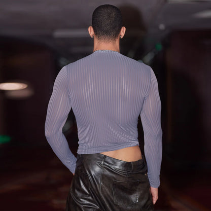 Sex Men Oil Glossy Shiny Breathable T-shrits Stripe Allure Shaper Top Bottom Wear Sheer See Through Elastic Shapewear - Kimlud