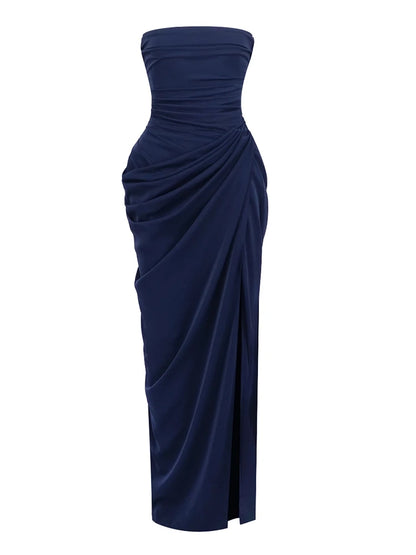 Sexy Strapless Folds Ruched High Split Long Dress Women Sleeveless Backless Lace-up Slim Dresses Celebrity Evening Party Gowns