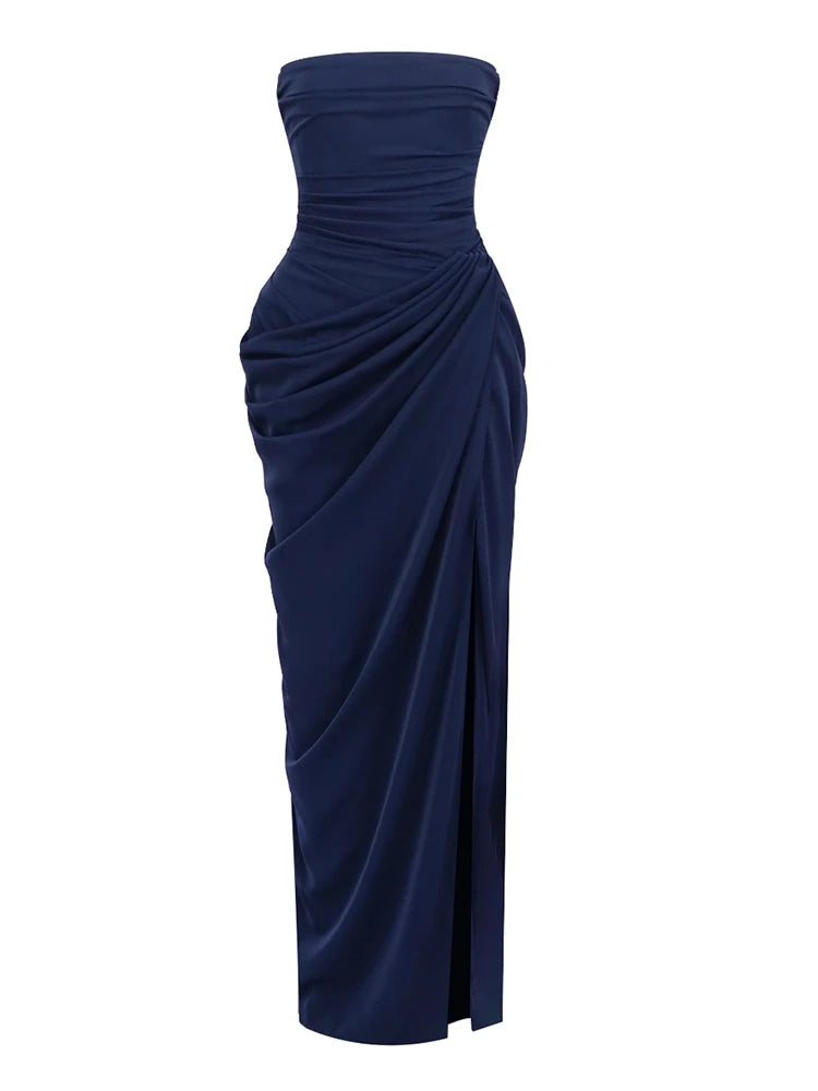 Sexy Strapless Folds Ruched High Split Long Dress Women Sleeveless Backless Lace-up Slim Dresses Celebrity Evening Party Gowns
