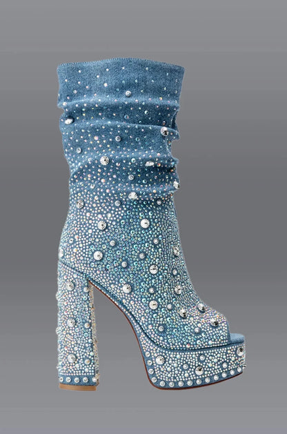 2025 Women Sexy Luxury Banquet Pointed Women's Short Boots Thick Square High Heels Shiny Rhinestones Club Mid-calf Modern Boot