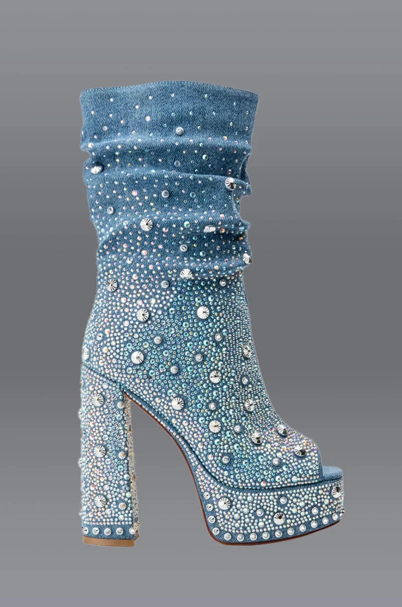2025 Women Sexy Luxury Banquet Pointed Women's Short Boots Thick Square High Heels Shiny Rhinestones Club Mid-calf Modern Boot