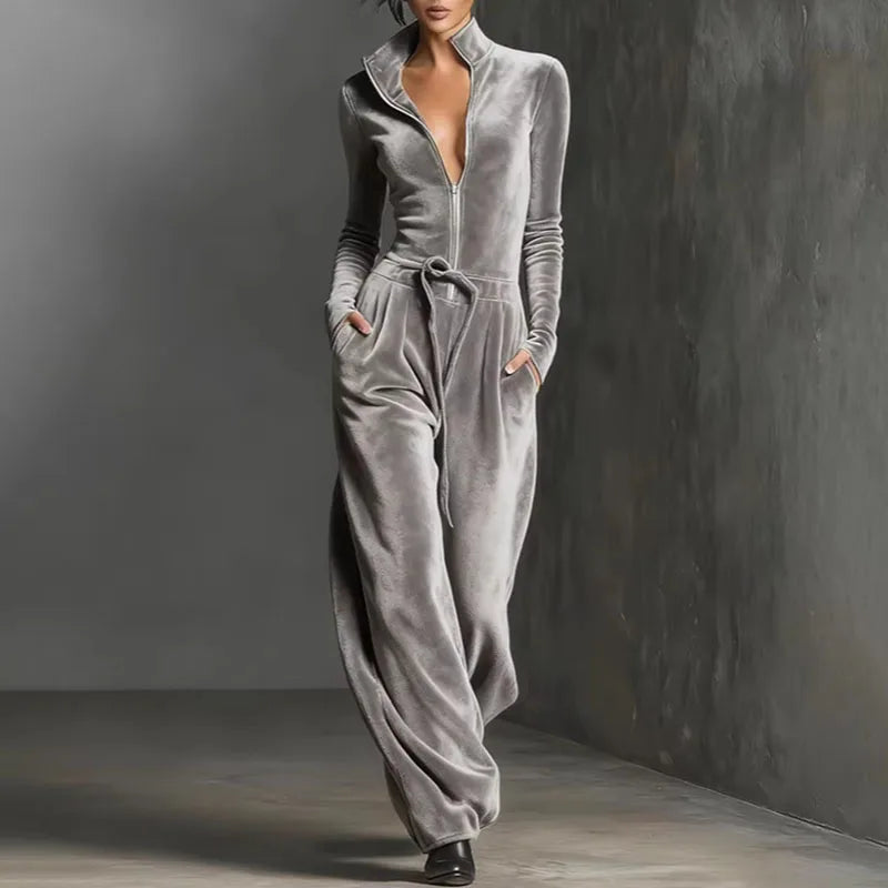 2026 Spring Retro Solid Velvet Women's Jumpsuit Elegant Half Zip Stand Collar Drawstring Waist Overalls Casual Streetwear Romper - Kimlud