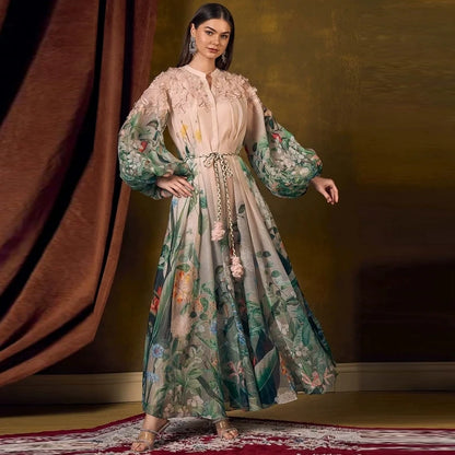 Heavy Embellied Floral Print Maxi Dr Court Sle Lantern Sve Midi Waist Spring Autumn Ladies Holiday Dr