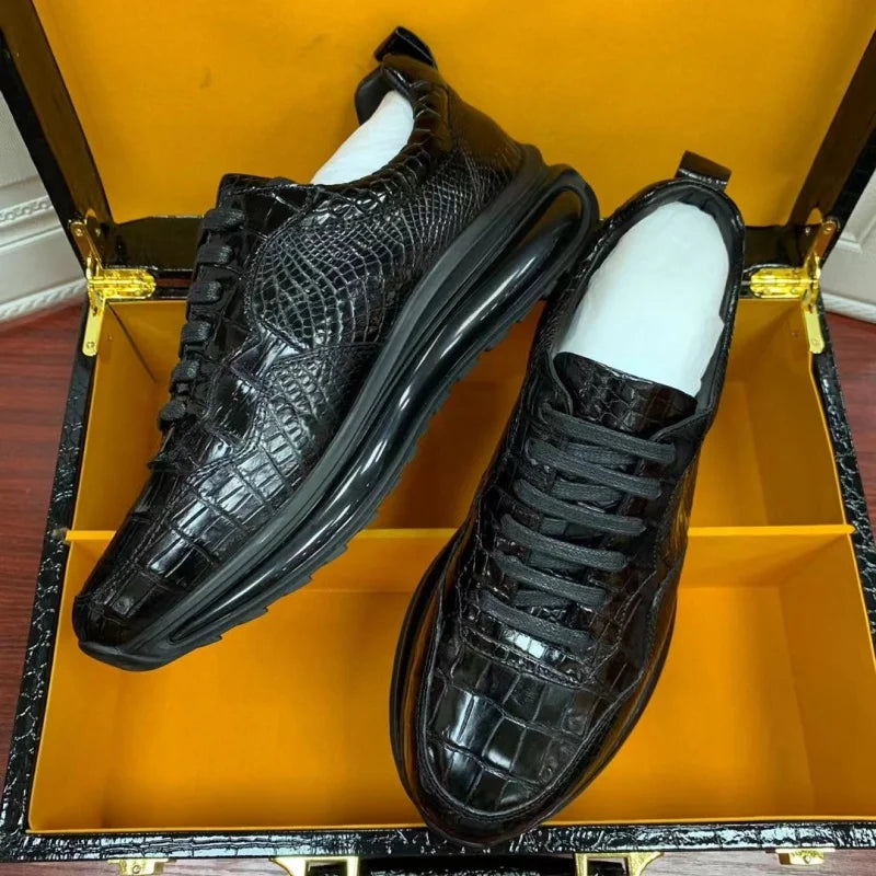 Authentic Real Crocodile Skin Men's Casual Black Sneakers Genuine Exotic Alligator Leather Male Lace-up Cushioned Walking Shoes