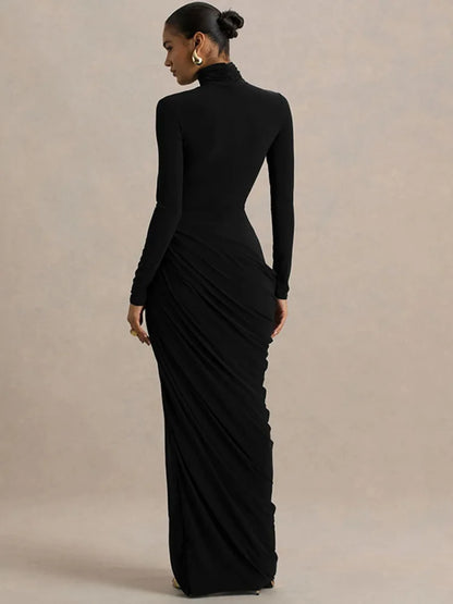 Mozision Turtleneck Long Sleeve Sexy Maxi Dress Women Elegant Autumn Winter High Waist Ruched Thigh High Split Club Long Dress
