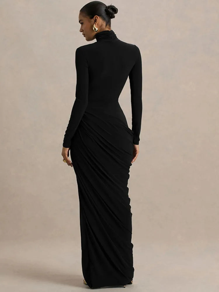 Mozision Turtleneck Long Sleeve Sexy Maxi Dress Women Elegant Autumn Winter High Waist Ruched Thigh High Split Club Long Dress
