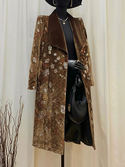 YERMORA Brown Sequins Embroidery Belt Elegant Trench For Women Lapel Long Sleeve Loose New Windbreaker Fashion Autumn Winter