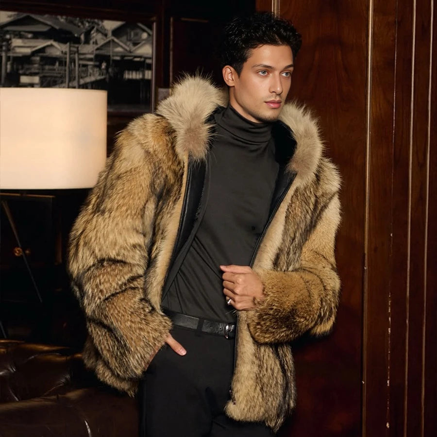 Natural Wolf Fur Coats With Hood Real Full Skin Coyote Fur Coat Genuine Leather Jacket High Quality Winter Jacket For Men