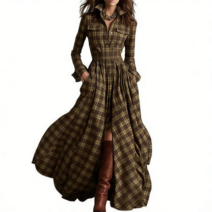 Retro Plaid Long Dresses Ladies Fashion Irregular Hem Slit Spring Autumn Long Sleeve Dress Western Style Buttons Shirt Dress New