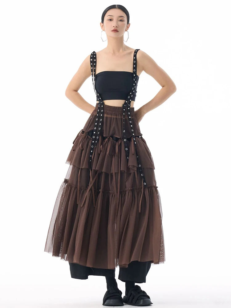 [EAM] High Elastic Waist Coffee Mesh Perspective Ribbon Strap Half-body Skirt Women Fashion Tide New Spring Autumn 2026 1DJ5044