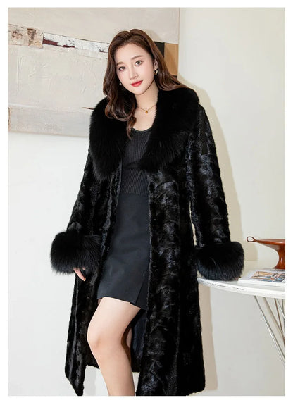 Women's Long Thickened Oversized Fox Fur Collar Warm Genuine Mink fur Coat Fashion New high quality Real Fur Coat