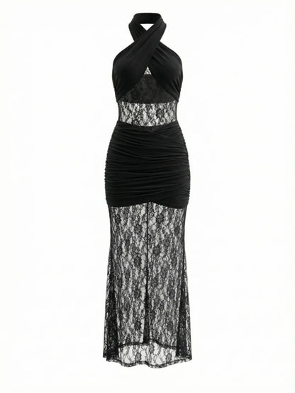 Sexy Sleeveless Halter Lace Patchwork Maxi Dress for Women Black Backless Ruched Elegant Dresses Celebrity Evening Party...