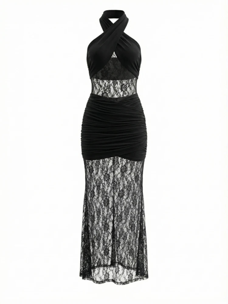 Sexy Sleeveless Halter Lace Patchwork Maxi Dress for Women Black Backless Ruched Elegant Dresses Celebrity Evening Party...