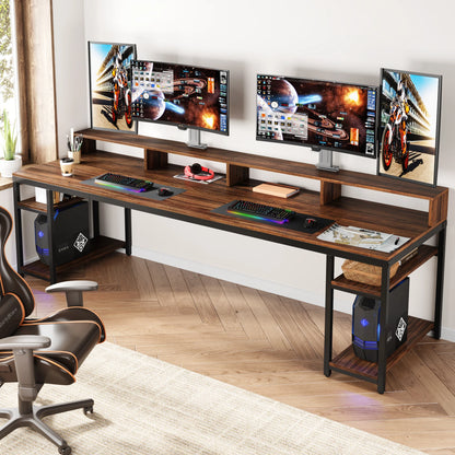 Tribesigns 78.74 Inches Extra Long Two-Person Desk, Double Computer Desk with Monitor Stand and Storage Shelves, Work Table
