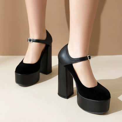 2024 Matte Flock Splice PU Shallow Mouth Hollow Breathable Waterproof Platform Ultra High Thick Heel Ankle Buckle Women's Pumps