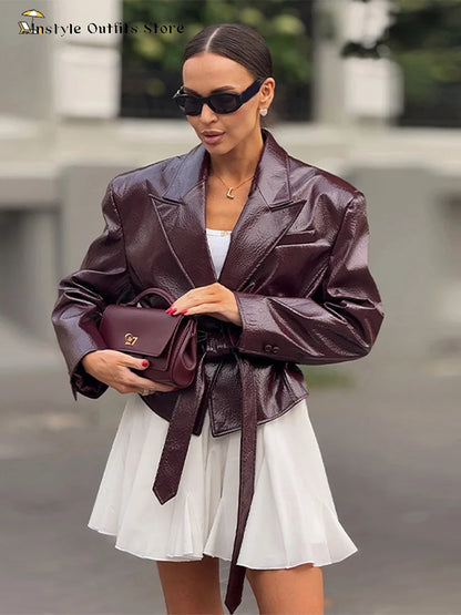 Vintage Pu Leather Belted Jackets Women's Slim Full Sleeve Lapel Short Overcoat 2025 New Autumn Winter Ladies Solid Streetwear