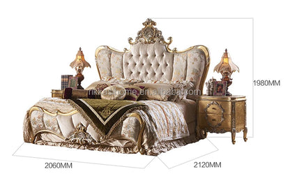 French Rococo Design Home Bedroom Gold Leaf Carving King Size Bed European Classic Luxury Golden Wooden Bedroom Furniture - Kimlud
