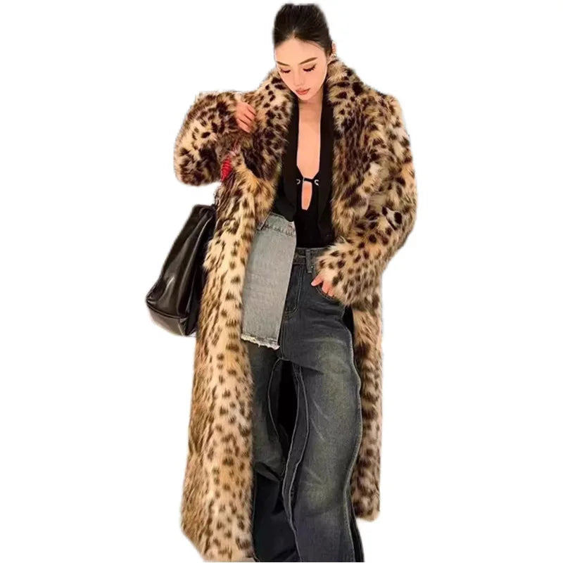Luxury Vintage Harajuku Leopard Print Long Faux Fur Coat Women's Warm Winter Fur Trench Coat Thick Lapel Trendy Long Jacket Chic