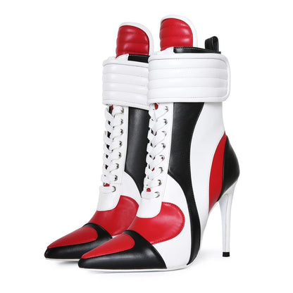 Women Pointed Toe Stiletto High Heel Ankle Boots Color Block Lace Up Fashion Party Club Punk Streetwear Booties
