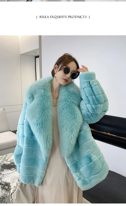 Winter Women Real Rex Rabbit Fur Coat 100% Natural Fur Jacket with Large Silver Fox Fur Collar Luxury Streetwear