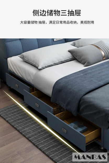 Linlamlim Ultimate Tech Smart Bed - Multifunctional Bedframe with Genuine Leather and Bluetooth Speaker, Drawers,...