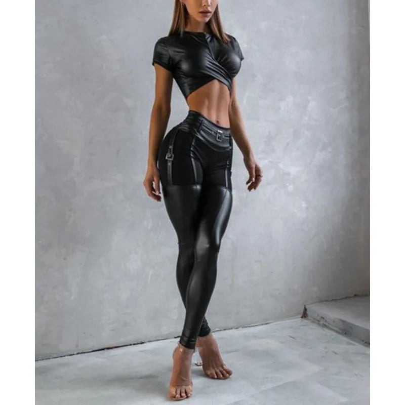 Krisnanas 2 Piece Sporty Sets for Woman 2025 Leather Shorts Tops-skinny Pants Fashionable Workout Gym New in Matching Set 102395