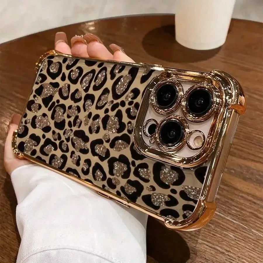 Glitter Leopard Print Plating Phone Case For iPhone 17 16e 16 15 14 13 12 11 Pro Max X XSMax 7 8 Mini Air Plus Anti-Fall...