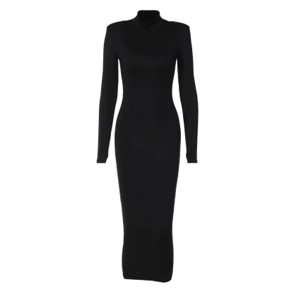 Hugcitar Women Fashion Turtleneck Long Sleeves Black Sexy Bodycon Maxi Prom Dress Fall Casual Clothes Streetwear Party Festival
