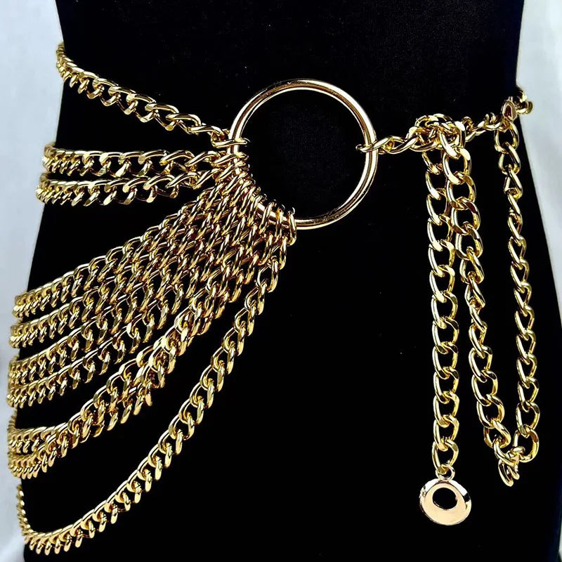 New Fashion Designer Metal Chain Belt For Women Golden Personality Hip Hop Style Tassel Belts  Goth Waistband Dress Accessory
