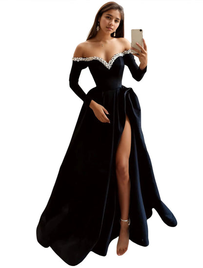 A-Line Evening Gown Black Dress Formal Masquerade Sweep Train Long Sleeve Off Shoulder Satin Pearls Slit 2025 Free Customized
