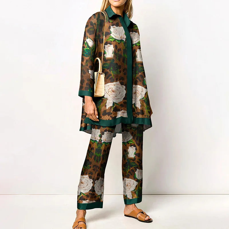 Autumn New Vintage Printed Pant Sets Women Long Shirts And Wide Legs Trousers Two Piece Set Fashion Trendy Streetwear Lady Suits