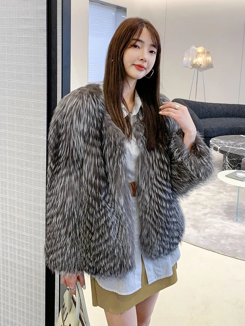 2025 New Imported Silver Fox Young Style Fox Fur Korean Style Fur Coat Women's Short Style Small Clip leather craft