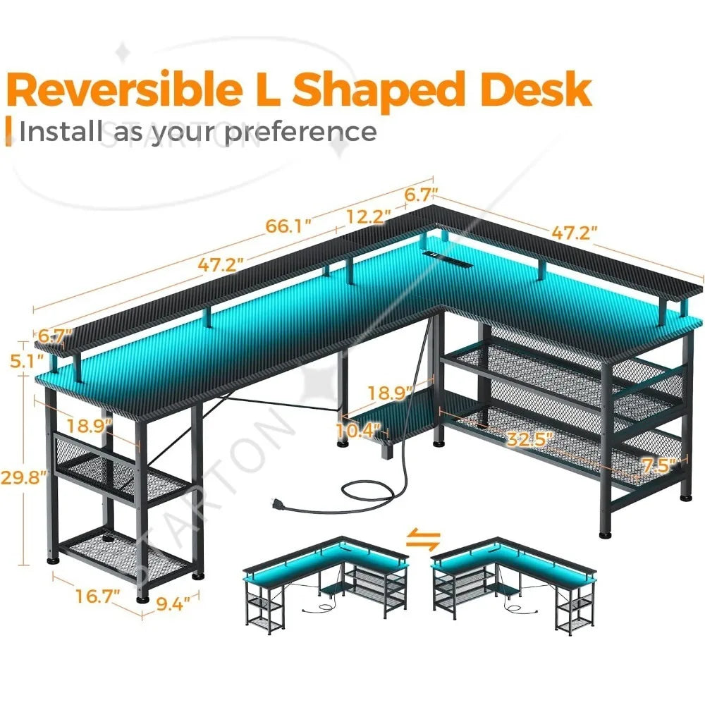 66" L Shaped Gaming Desk with Power Outlet and LED Lights, PC Gaming Table with Carbon Fiber Texture