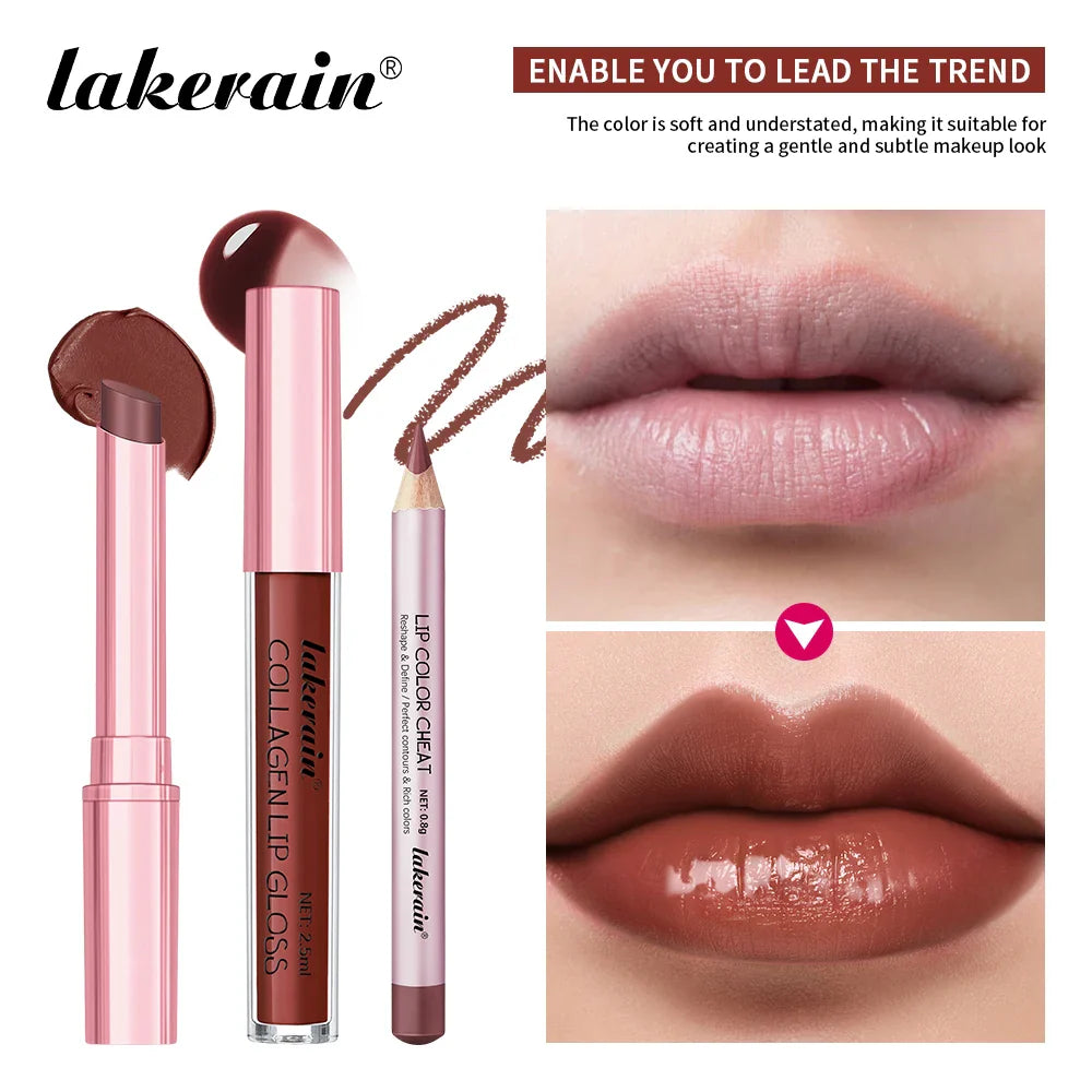 lakerain 3pcs mini matte lipstick+lip gloss+lip liner set precise outline three-dimensional lip plumping lipstick set