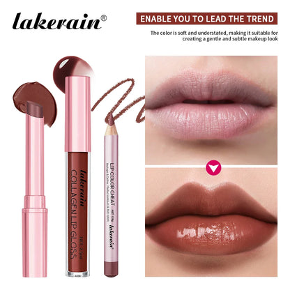 lakerain 3pcs mini matte lipstick+lip gloss+lip liner set precise outline three-dimensional lip plumping lipstick set