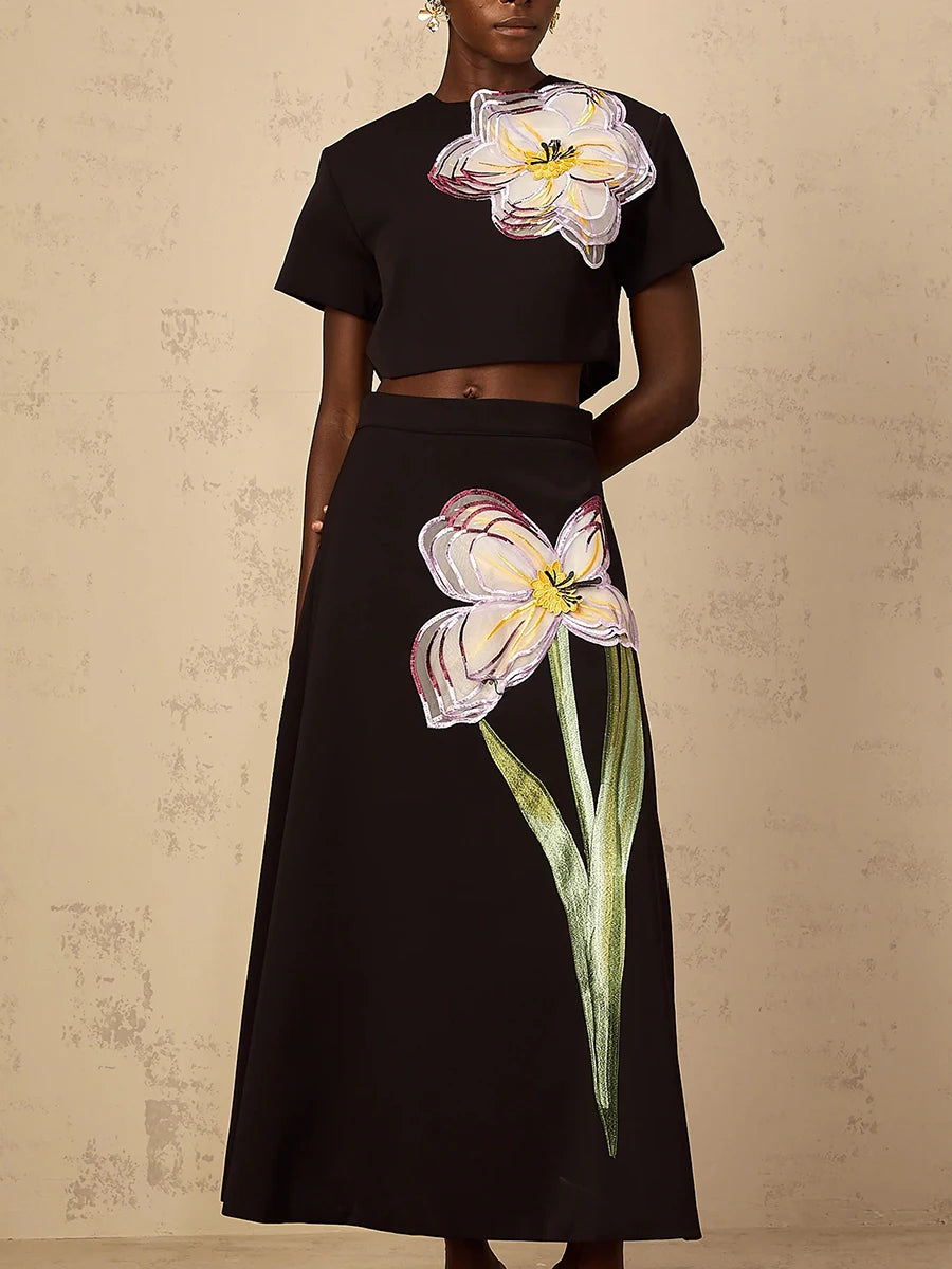 VGH Spliced Appliques Two Piece Set for Women O Neck Short Sleeve Top High Waist A Line Temperament Skirt Outfits Female Fashion