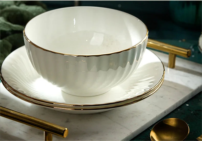 Bowl and dish set bone china tableware set bowl Jingdezhen light luxury simple hand drawn gold ceramic bowl and chopsticks plate - Kimlud