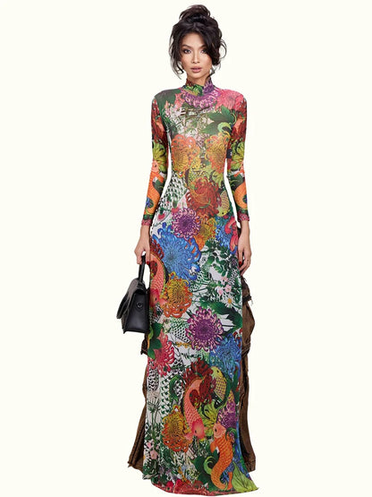Nibber Splits Hem T-Shirts Woman Colorful Flower Extended Print o-Neck Full Sleeve High Waist Spring Trend Elegant Streetwear - Kimlud
