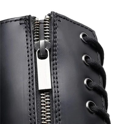 Women's Motorcycle Boots 10 Holes Thick Bottom Side Zipper British Style Long Booties Flatform Work Boots round Toe Mid Heel