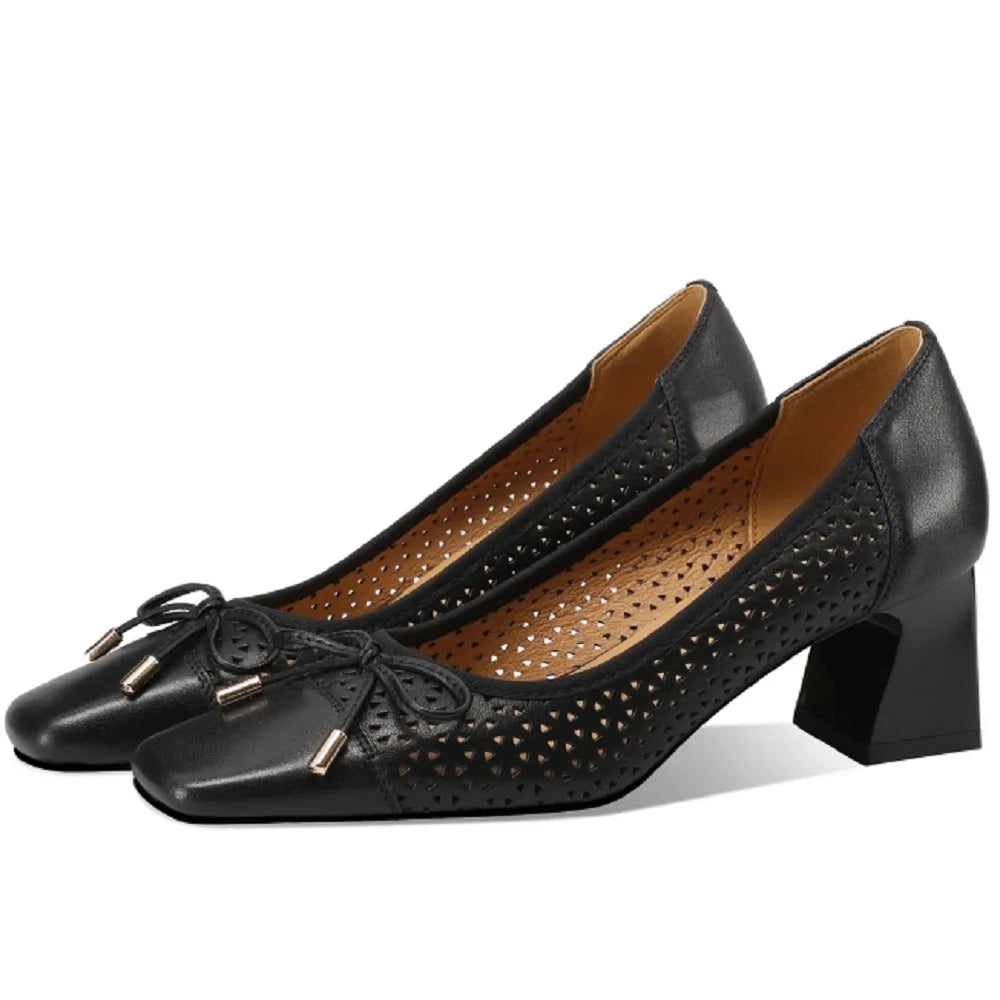 【JOCHEBED HU】New Fashion Hollow Out Women Pumps Square Toe Summer Shoes Chunky Heels Handmade Genuine Leather Shoes 33-43 - Kimlud