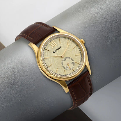 BERNY Luxury Watches for Men Ultra-Thin Classic Elegance Dress Gold Quartz Men's Watch Leather Strap Fashion Business Wristwatch